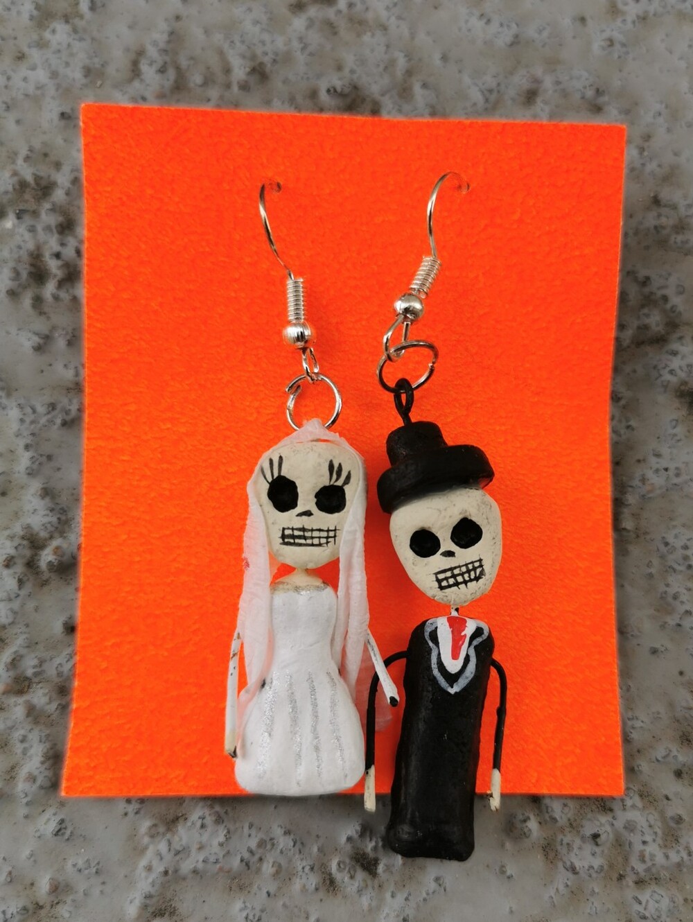 Handmade Skeleton Bride & Groom Clay Dangle Earrings